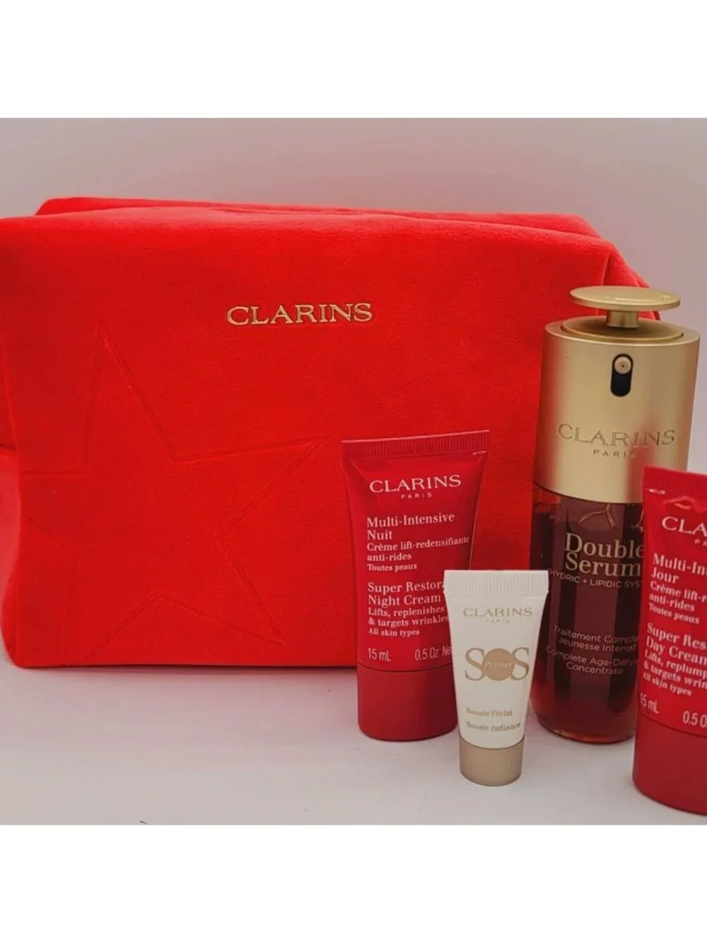 Clarins Double Serum 50mL/1.7oz Gift Set + Day & Night Creams + Red Pouch